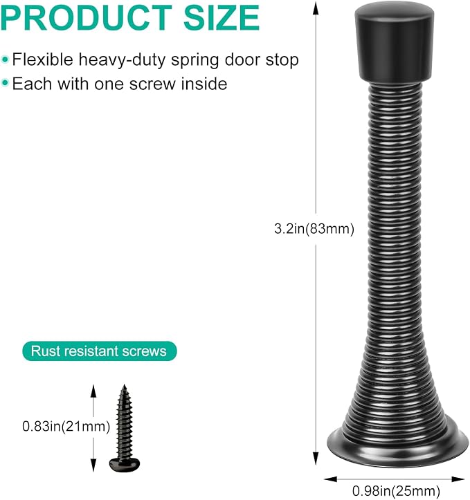 12 Pack Black Spring Door Stops, 3-1/4" Heavy Duty Wall Mount Door Stoppers - Image 2