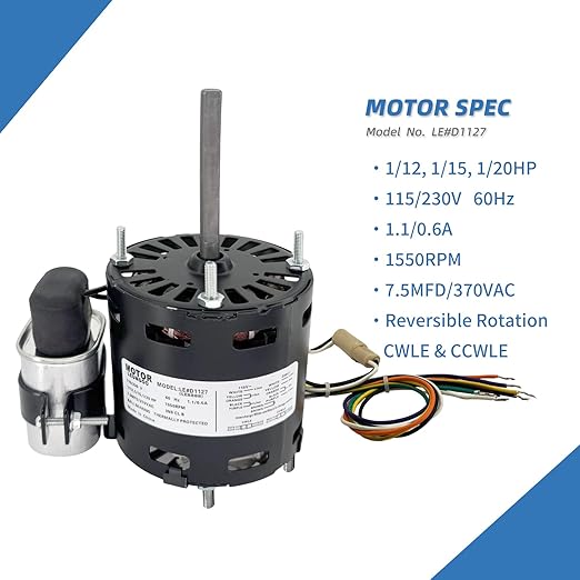 9721, D1127 Refrigeration Fan Motor Replaces Fasco Blower D1101 1126 Century 9650 AO Smith 9656 Bohn 25309101 5008, 1/12HP, 1/15, 1/20HP, 3.3in 1550RPM 115/230V, 60Hz 1.1/0.6A PD1127 EM1127