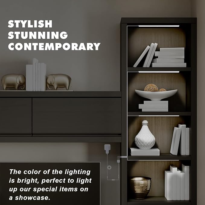 JUSJUBR Black Shell Display Case Lights, LED Lights for Display Case with Memory Function, 4x12 Inch Bookshelf Lighting, LED Cabinet Lights for Shelf, Cold White 6000K