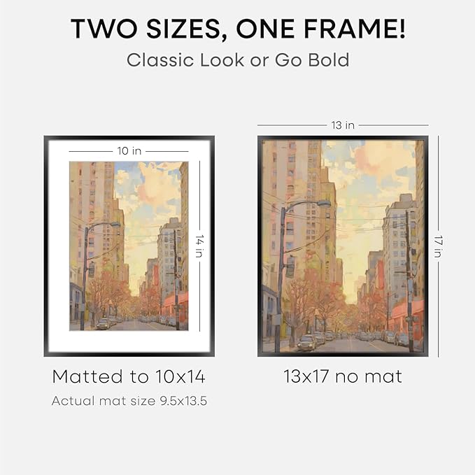 Homeforia 13x17 Picture Frame Black, High End Metal 13x17 Poster Frames with Mat 10x14 for Photo, 13 x 17 Black Frame Matted to 10 x 14 inch Print, 17x13 Thin Frame, Tempered Glass, Wall Kit, Set of 2