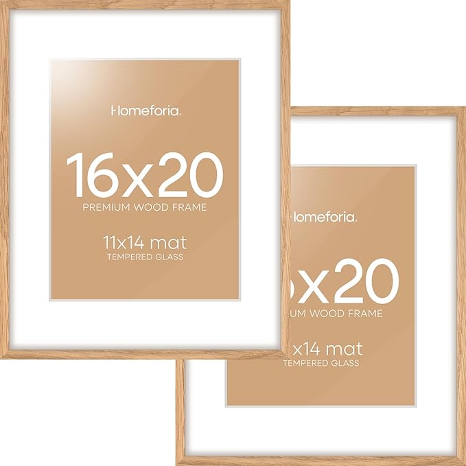 Homeforia 16x20 Wooden Frame, High End Natural Oak 16x20 Light Wood Picture Frame with Mat 11x14, 16 by 20 Poster Frames Matted to 11 x 14 Photo, 20by16 Thin Frames, Tempered Glass, Wall Kit, Set of 2