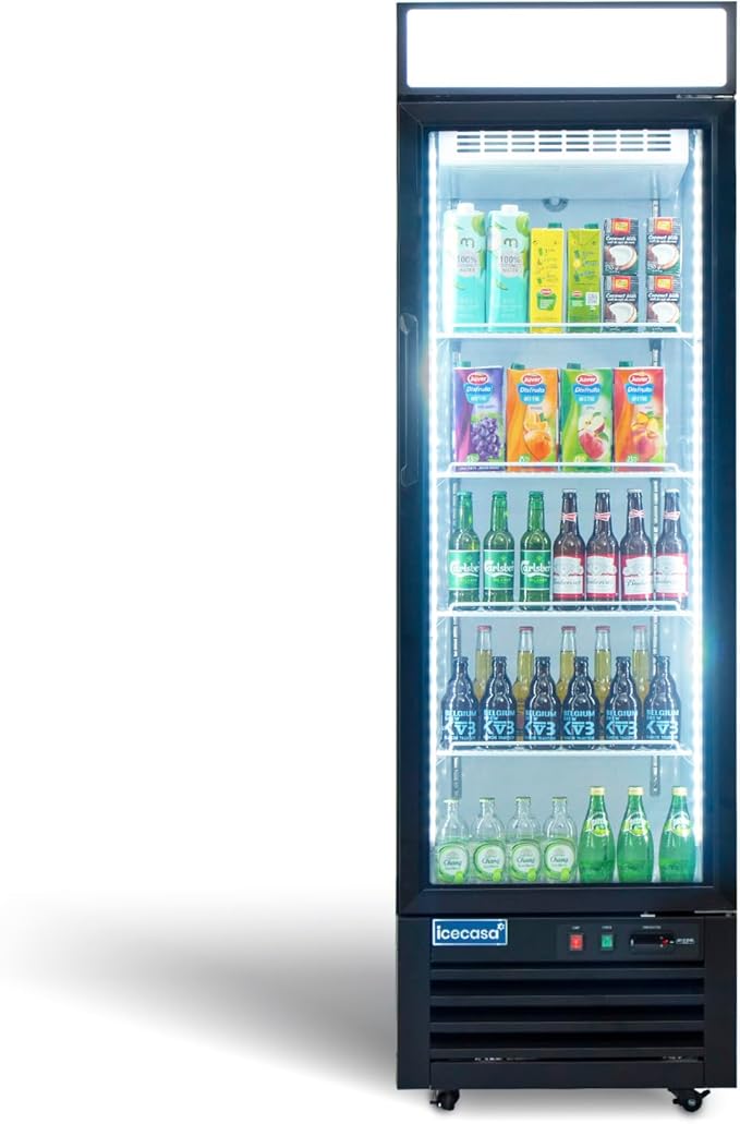 ICECASA 24" W Merchandiser Commercial Display Refrigerator Single Glass Door Reach-in 18 Cu.ft Display Refrigerator Fan Cooling for Restuarant, Bar, Shop, etc
