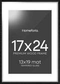 Homeforia 17x24 Picture Frame Black Wood, High End Oak 17x24 Poster Frames with Mat 13x19 Photo, 17 x 24 Wooden Frame Matted to 13 by 19 Print, 24x17 Hanging Frames, Tempered Glass, Wall Kit, Set of 1
