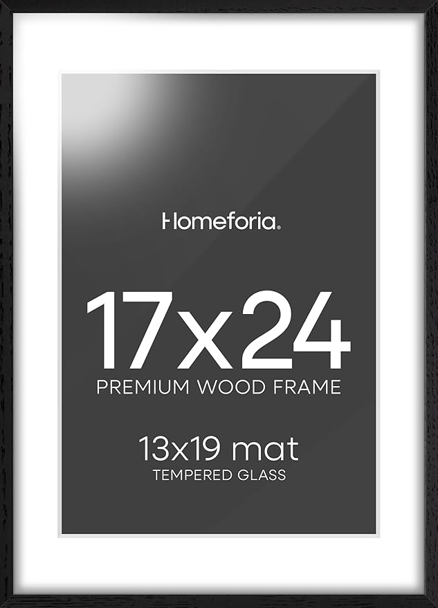Homeforia 17x24 Picture Frame Black Wood, High End Oak 17x24 Poster Frames with Mat 13x19 Photo, 17 x 24 Wooden Frame Matted to 13 by 19 Print, 24x17 Hanging Frames, Tempered Glass, Wall Kit, Set of 1