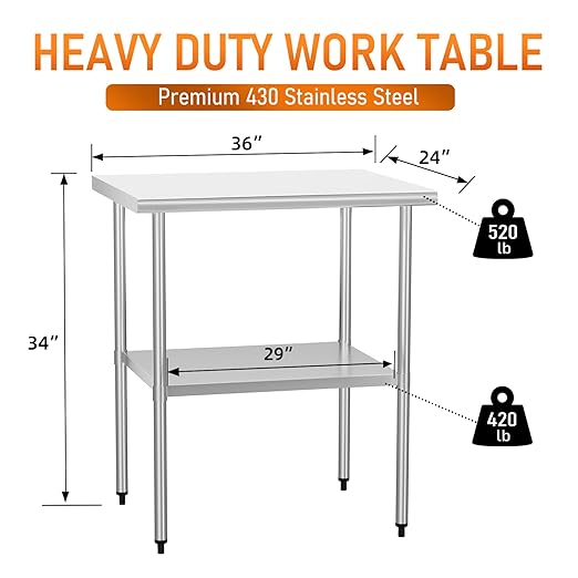 Stainless Steel Table for Food Prep & Work 24 x 36 inches Utility Table with Adjustable Undershelf, Commercial Workstation in Kitchen, Garage, Outdoor BBQ