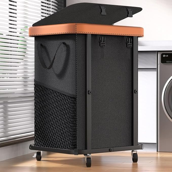 Laundry Hamper with Wheels, 150L Leather Patchwork Clothes Hamper Black by Unlockyourhomestoragelife