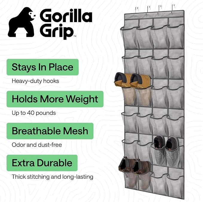 GORILLA GRIP Over the Door Shoe Organizer, 24 Extra Large Pockets, Space Saving - Image 2