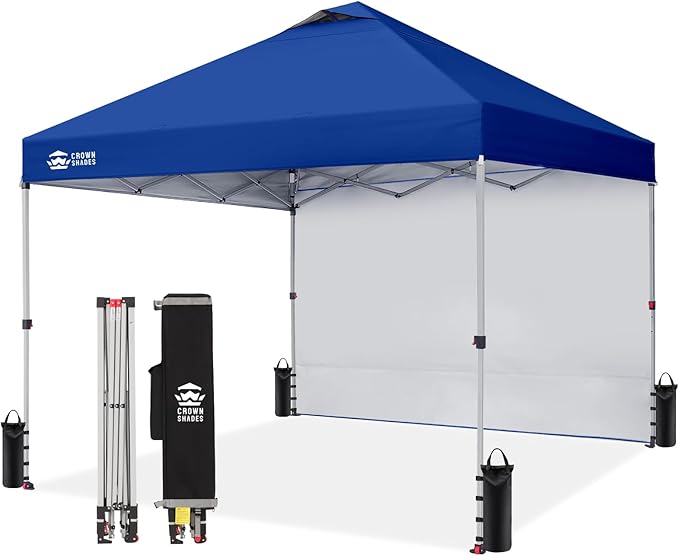 CROWN SHADES 10x10 Pop Up Canopy with 1 Side Wall - Beach Tent with One Push Setup - Outdoor Sun Shade for Events, Parties, Camping - Gazebo with STO-N-Go Cover Bag (Navy Blue)