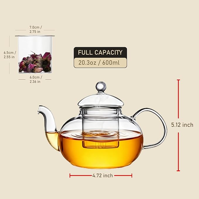600ml(20.3oz) Borosilicate Glass Teapot with Removable Glass Infuser, Stovetop Safe Clear Tea Kettle for Blooming and Loose Leaf Tea