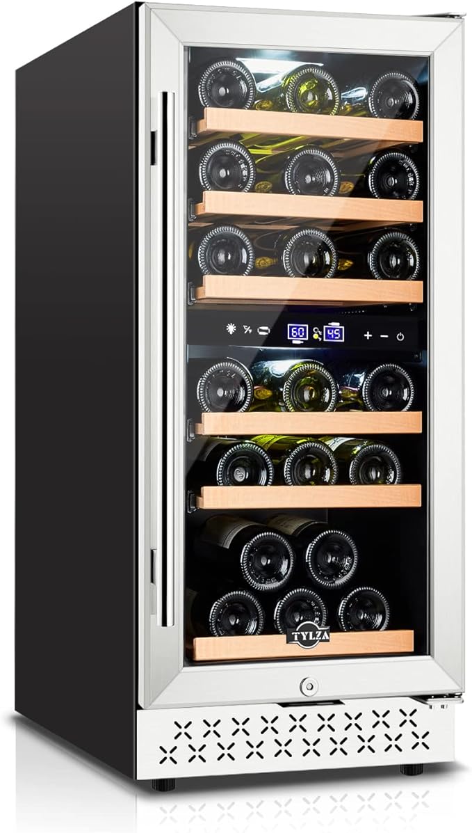 Tylza Mini Fridge 15 Inch Wine Cooler Under Counter, 30 Bottles Dual Zone Wine Fridge with Stainless Steel, Wine Refrigerator Freestanding, Built-in Wine Cellars