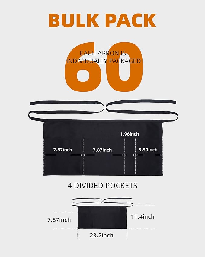 Argstar 2 Pack Server Apron with 4 Pockets, Waitress Waiter Waist Short Aprons(Available in 60/120 Pack)