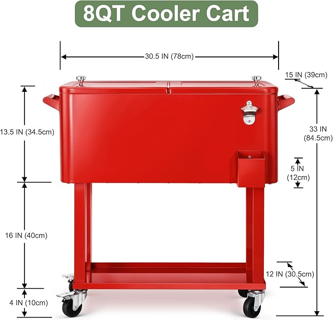 EDOSTORY 80 Quart Rolling Ice Chest Cooler Cart,Patio Backyard Party Drink Beverage Bar Stand Up Cooler Trolley with Ice Scoop