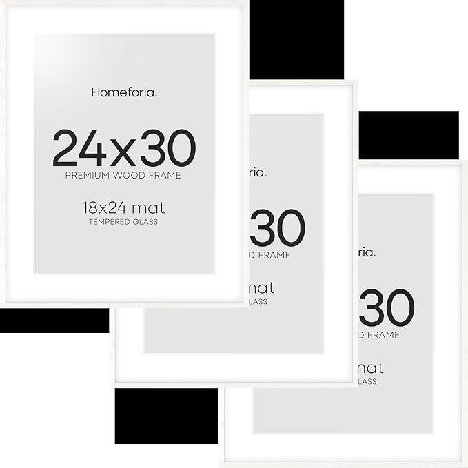 Homeforia 24x30 Poster Frame White, High End Oak 24 x 30 White Wood Picture Frames with Mat 18 x 24 for Photo, 24x30 Wooden Frame Matted to 18x24, 30x24 Large Frame, Tempered Glass, Wall Kit, Set of 3