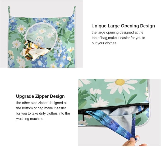 Mint Green Bluebonnet and Daisies Hanging Laundry Hamper Door Hampers Bag Basket - Image 4