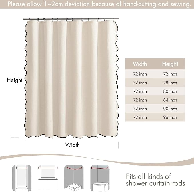 MIULEE 72"x90" Extra Long Scalloped Linen Shower Curtain Cream White - Image 6