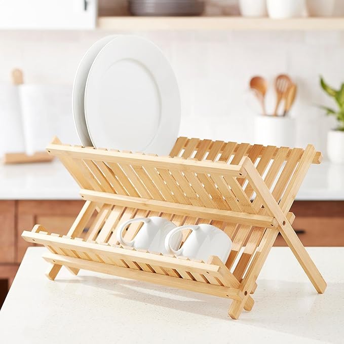 Bamboo Dish Drying Rack for Kitchen Counter, 2-Tier Collapsible Foldable Dish Drainer, Space-Saving Wooden Organizer for Dishes, Plates, Cups, Housewarming Gift