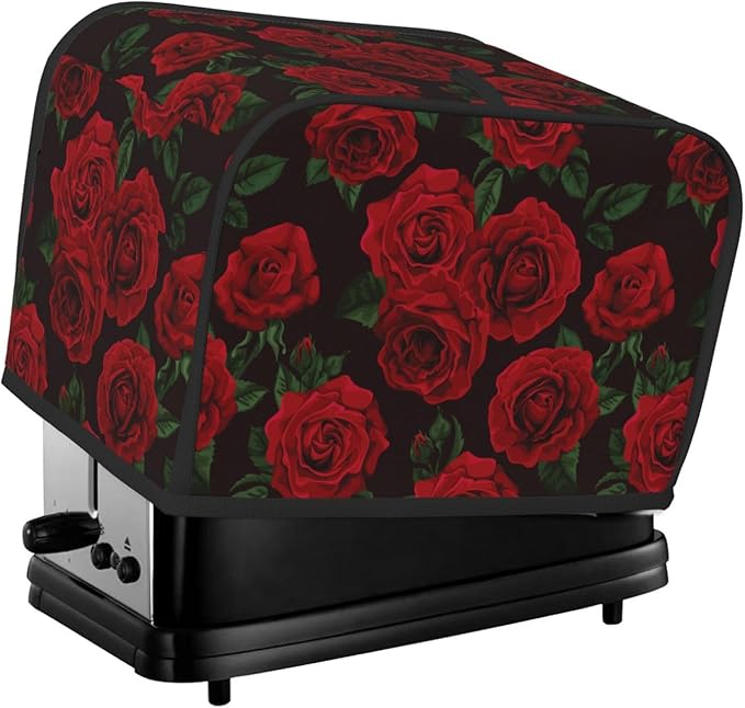 Red Black Rose Flower 2 Slice Toaster Cover, Waterproof Toaster Dust Cover Bread Maker Protective For Small Kitchen Appliance Dining Room Home Table Decor Gifts
