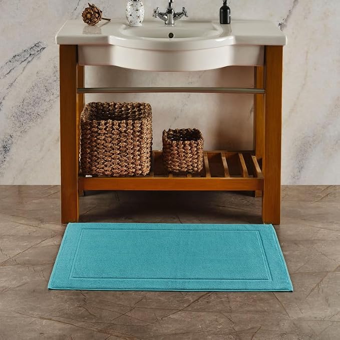 Hawmam Linen Teal Turquoise Bath Mats, 21 x 34 inches, Banded Design, Highly - Image 2