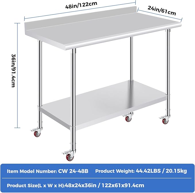 OSTBA Stainless Steel Table for Prep & Work 24x48 Inches with Casters Wheels and Backsplash, NSF Metal Commercial Heavy Duty Table with Adjustable Undershelf for Restaurant Kitchen Home and Hotel