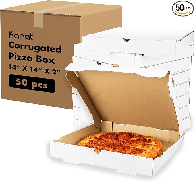 Karat Corrugated Pizza Boxes 14" x 14" x 2" [50 Pack] – Ventilated, Grease-Resistant, Durable for Pizza, Catering or Shipping Use