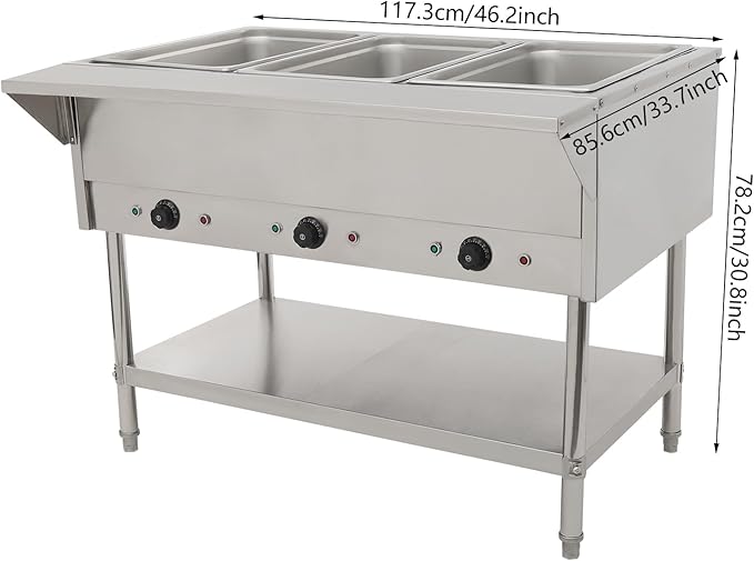 Commercial Electric Steam Table, 3-Pan Open Well Electric Stainless Steel Steam Table Food Warmer, Stainless Steel Steam Table, for Restaurant