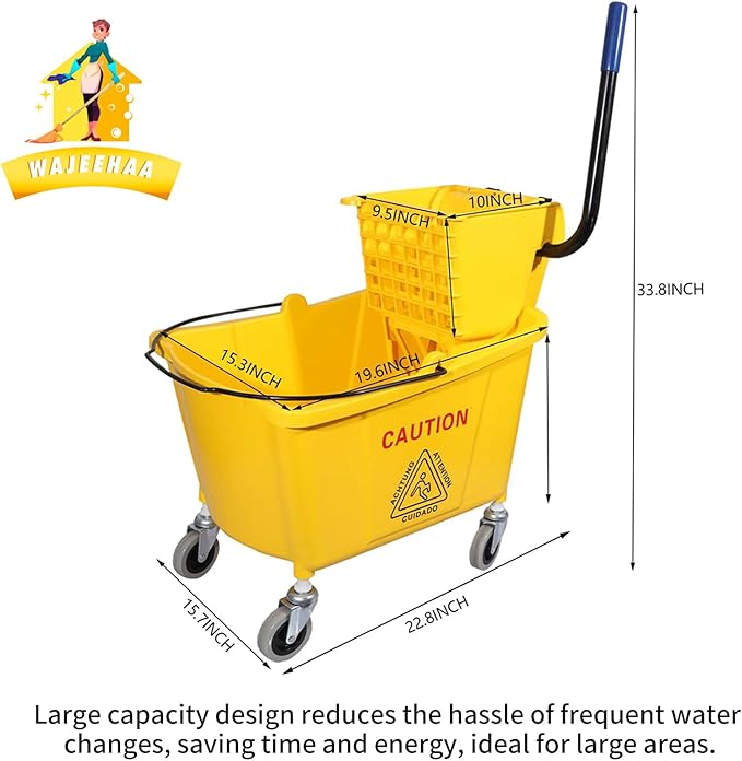 Commercial Mop Bucket with Side-Press Wringer for Floor Cleaning, 35 Quarts, Yellow, Including One Commercial Mop