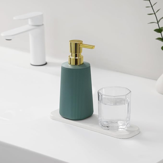 YAUKPH Small Soap Dispenser for Bathroom and Kitchen Matte Green and Gold | - Image 2