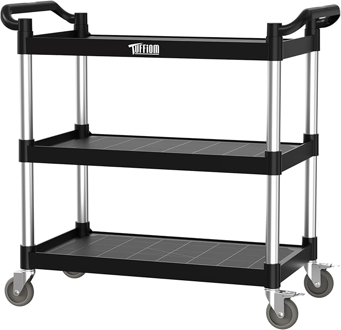 TUFFIOM Plastic Service Utility Cart with Wheels,Heavy Duty 450lbs Capacity, 3-Tier Commercial Rolling, Ideal for Restaurant, Foodservice, Office, Warehouse, Black 40.4''L x 19.7''W x 38.6''H