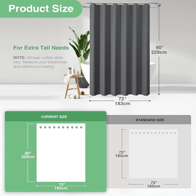 Dynamene Extra Long Waffle Shower Curtain 256GSM Fabric 72x90 Charcoal Grey - Image 3