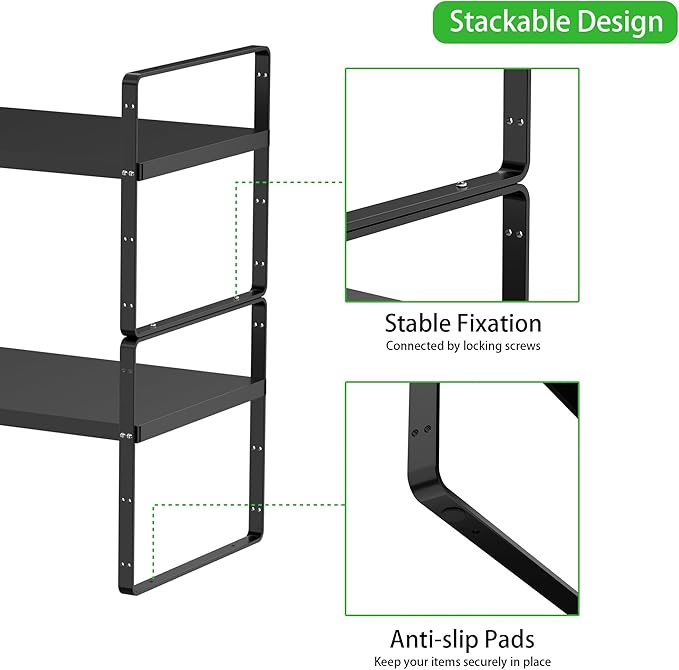 Expandable Cabinet Storage Shelf Stackable Organizer Rack for Kitchen Bathroom Pantry Spice Cupboard Countertop Home Office Desk Heavy Duty Nonslip Black Large 2 PACK