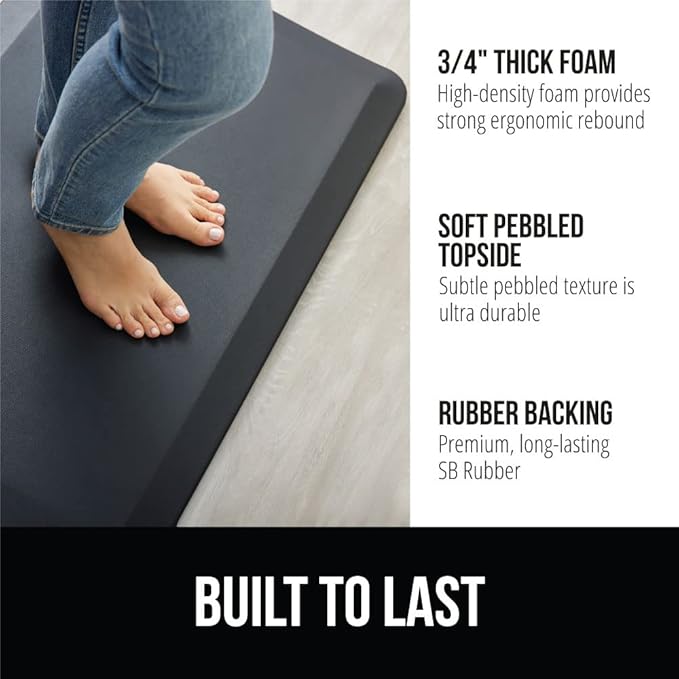 GORILLA GRIP Comfortable Cushioned Kitchen Mats for Floor, 70x24, Waterproof and Stain Resistant Soft Top, 3/4 Inch Thick Ergonomic Standing Desk Anti Fatigue Mat, Foam Supports Ankles and Feet, Black