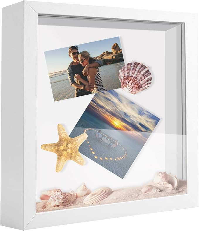 8x8 Shadow Box Frame Display Case, Wood with Plexiglass, Display Case Box for Memorabilia, Medal, Crafts,Tickets and Photos, Picture Frame for Wall and Tabletop (White, 8x8)