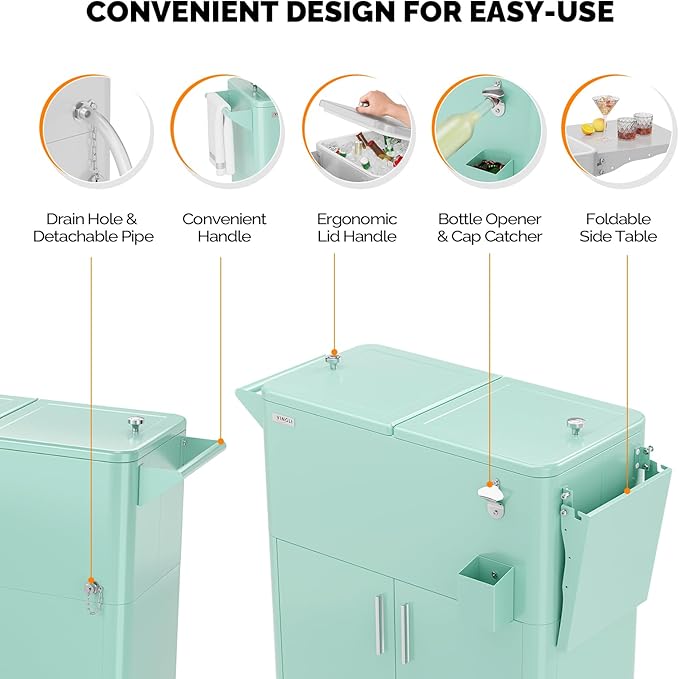 VINGLI Patio Cooler, Ice Chest with Storage Cabinet, Bottle Opener Drainage, Outdoor Cooler for Party, Deck, Pool