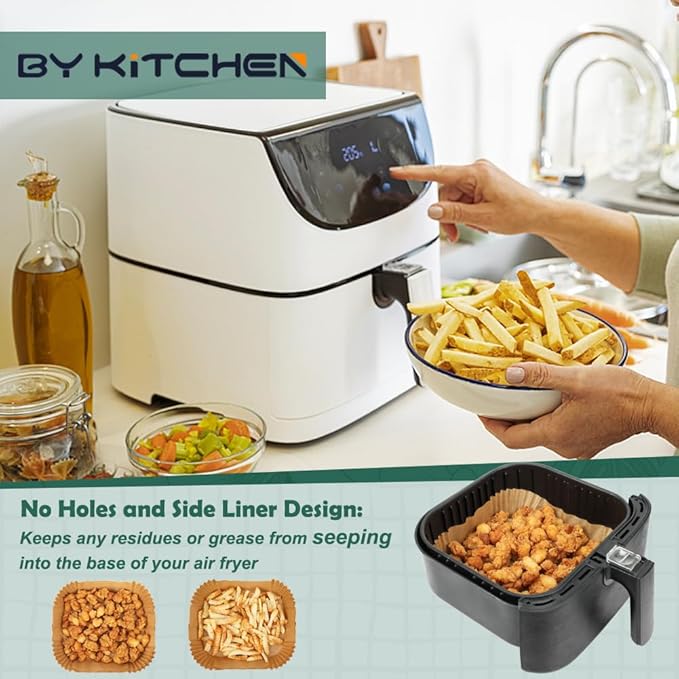 BYKITCHEN Large Air Fryer Liners, 10 Inch Square Air Fryer Liners, XL Airfryer Parchment Paper, Compatible with Corsori, Power XL, Gourmia Airfryer and More (Set of 50)