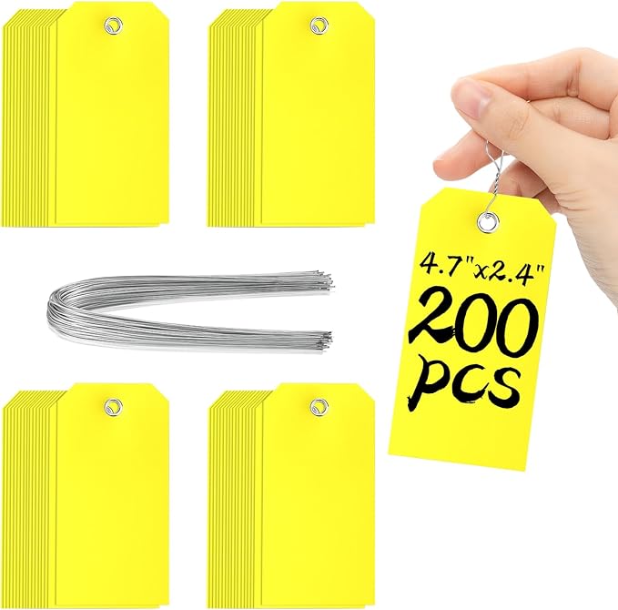 200 Pieces 4 3/4" x 2 3/8" Plastic Shipping Tags with Wire Waterproof Tags for Labeling Heavy Duty Plastic Tags Blank Tags to Write On with Reinforced for Equipment Car Parts Garage Storage(Yellow)