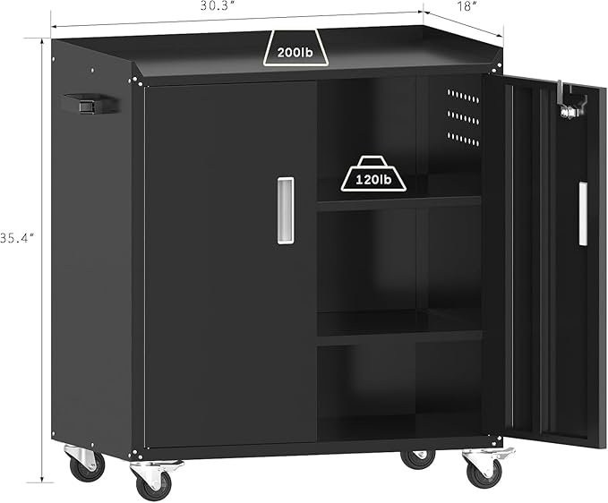 Black Garage Cabinet with Wheels,Metal Storage Cabinet,Lockable Storage Cabinet with Doors and Adjustable Shelves,Tool Chest,Rolling Metal Tool Cabinets for Garage,Warehouse,Basement