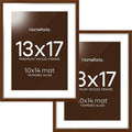 Homeforia 13x17 Picture Frame Brown, High End Dark Oak 13x17 Poster Wood Frame with Mat 10x14 for Photo, 13 x 17 Wooden Walnut Frame Matted to 10 x 14, 17x13 Frames, Tempered Glass, Wall Kit, Set of 2