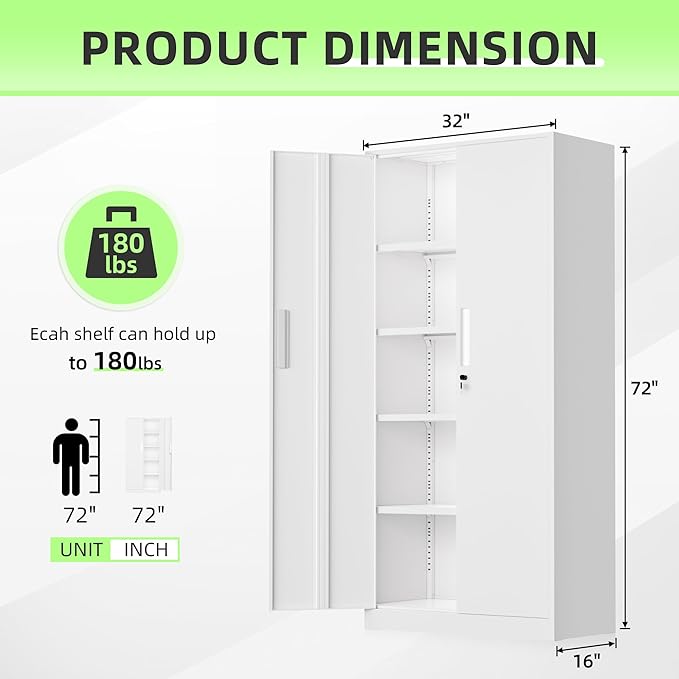 Crownland 72" Metal Storage Cabinet, Lockable Garage Storage Cabinets, High Office Cabinet with Adjustable Shelves for Home Office, Garage, Classroom, Pantry, File(White-Narrow Size)