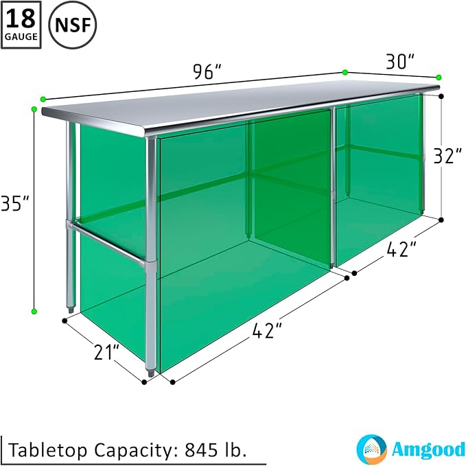 AmGood Stainless Steel Work Table Open Base | NSF Kitchen Island Food Prep | Laundry Garage Utility Bench (96" Long X 30" Deep)