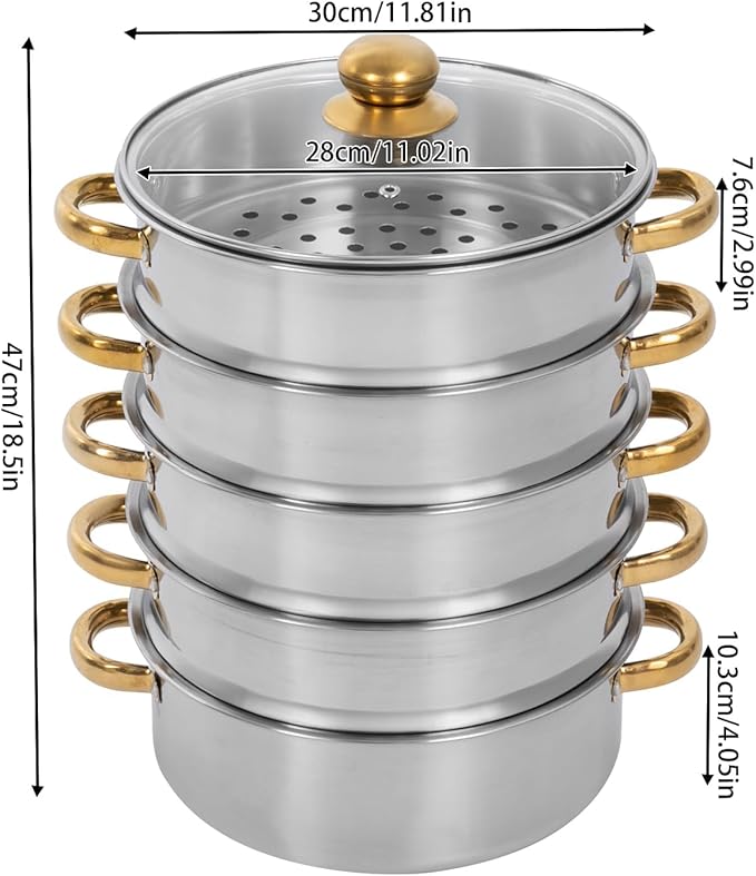 Steamer 30*47cm/11.81*18.5in, 5-tier Stainless Steel Steam Cooker w/ Clear Lid & Gold Anti-scald Handles, Home Stackable Multipurpose Steam Pot for All Hobs (1x1.32Gal Bottom Pan, 4xSteamer Baskets)