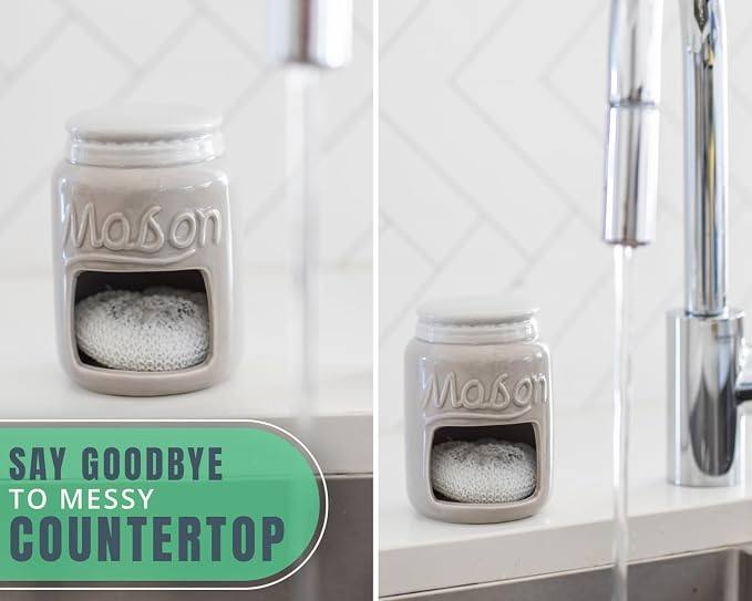 Comfify Grey Mason Jar Ceramic Sponge Holder – Farmhouse Sink Caddy - Image 5