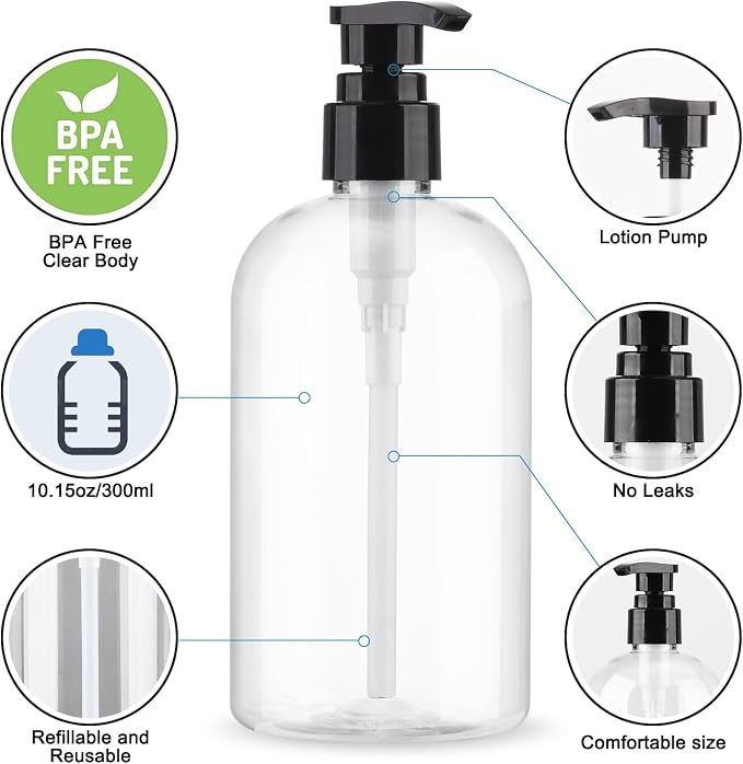 Empty Pump Bottles Dispenser 2 Pack 300ml/10.15oz. Clear Plastic Pump Bottle - Image 4