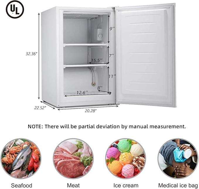 Antarctic Star 3.0 Cu.Ft Upright Freezer, Compact Mini Freezer with Reversible Door, 7-Temp Control, Removable Shelves, Stainless Steel for Dorm, Home, Office, White
