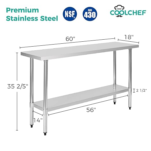 COOLCHEF Stainless Steel Work Table 18 x 60 Inch, NSF Commercial Prep Table with Undershelf, Heavy Duty Food Prep Workstation