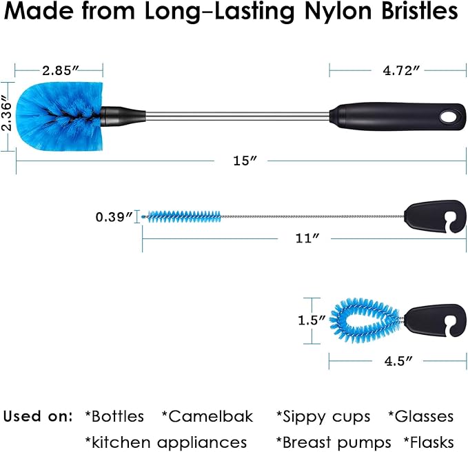 MOSOLAN 3-in-1 Water Bottle Brush and Straw Cleaning Set, Round Head | Non-Silp - Image 4