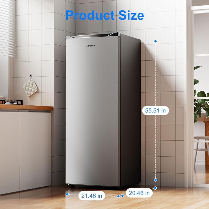 BANGSON 6.5 Cu.ft Upright Freezer, Stand up Freezer with Adjustable Thermostat, Removable Shelves, Reversible Single Door, for Bedroom/Home/Dorms/Apartment, Silver