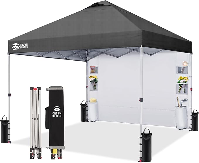 CROWN SHADES Canopy Tent 10x10 Pop Up Canopy Outdoor Shade with Pockets Sidewall, Easy Up Sun Shelter with One Person Set Up Center Lock, Portable Instant Camping Beach Canopies Tents, Grid Grey