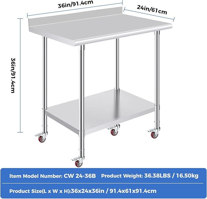 OSTBA Stainless Steel Table for Prep & Work 24x36 Inches with Casters Wheels and Backsplash, NSF Metal Commercial Heavy Duty Table with Adjustable Undershelf for Restaurant Kitchen Home and Hotel