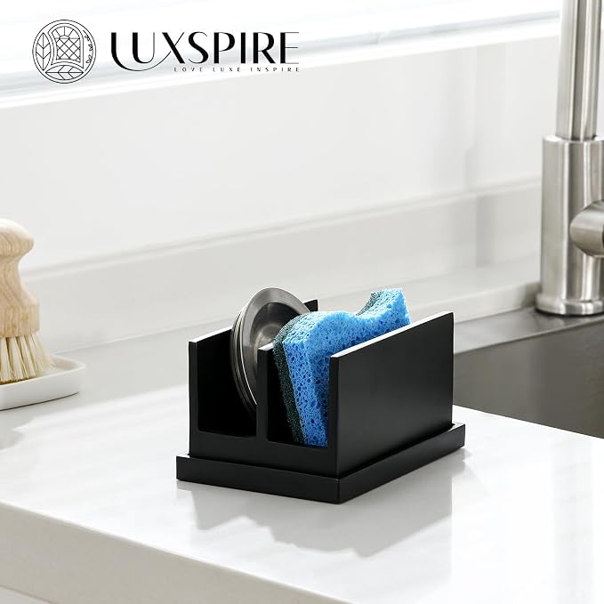 Luxspire Kitchen Sponge Holder wtih Drain Tray, 2 Compartment, Matte Black - Image 6