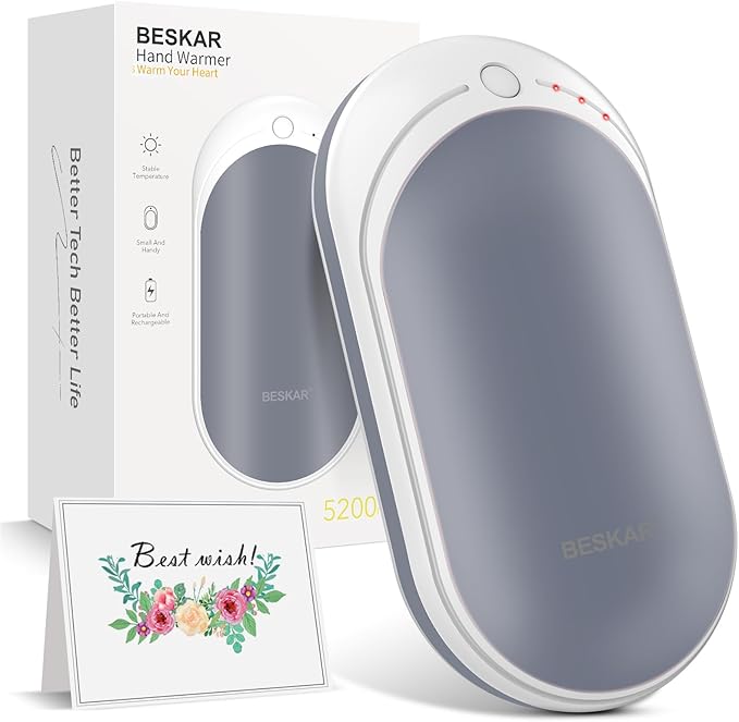 BESKAR Rechargeable Hand Warmer, 5200mAh Electric Hand Heater, Double-Sided Heating, USB Quick Charge, Portable Pocket Hand Warmer for Outdoor, Golf, Raynauds - Winter Gift